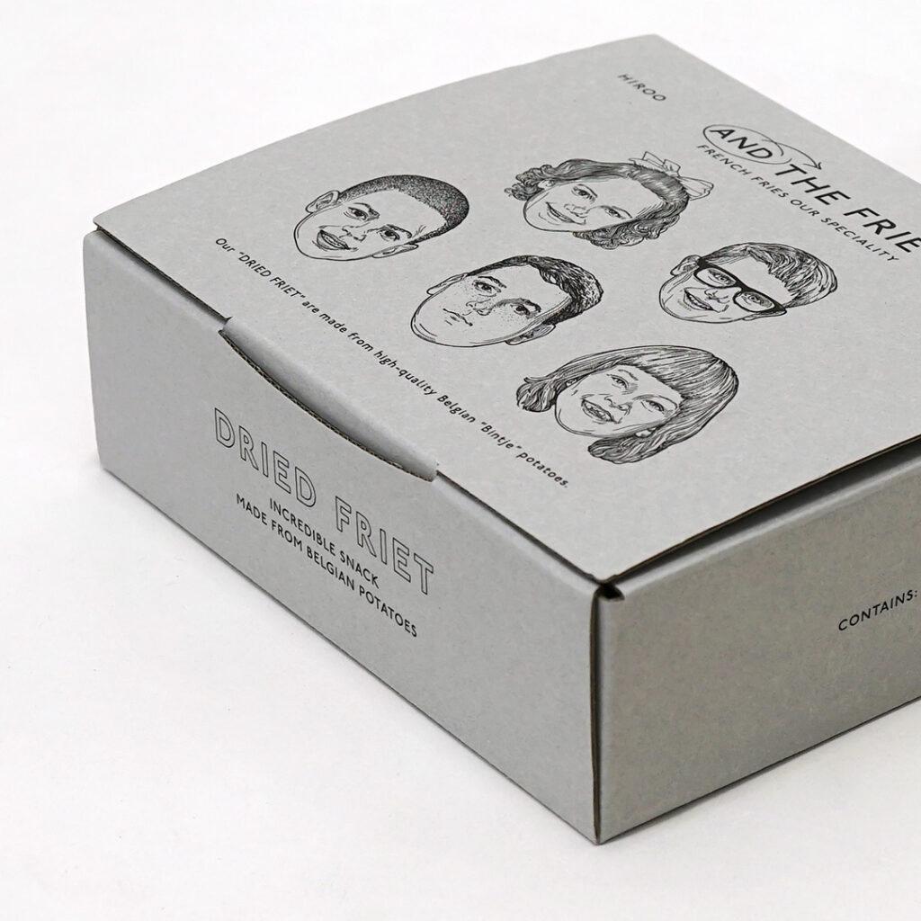 イラストレーターanje jagar氏が描く様々な表情の顔をフィーチャーした、フレンチフライ専門店のモノトーンオリジナルボックス