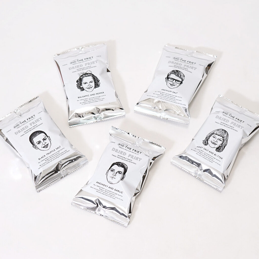 イラストレーターanje jagar氏が描く様々な表情の顔をフィーチャーした、フレンチフライ専門店のオリジナル個包装