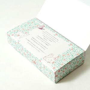 桃太郎のイラストの可愛らしい世界観をフルカラー印刷で表現した、岡山の老舗和菓子店が手がける箱型のオリジナルパッケージ