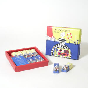 人気イラストレーターによるカラフルなイラストが目を引く、老舗洋菓子店の紙素材のオリジナルボックスと個包装パッケージ