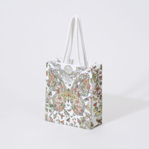 複数色の箔押し加工とV底折りが施された、ハイブランドの華やかでエレガントなオリジナル紙袋