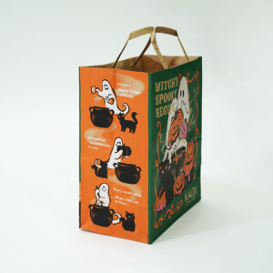 クラフト紙にフルカラーでハロウィンの楽しい絵柄を描いた、コーヒー豆・輸入食品店の可愛いオリジナル紙袋