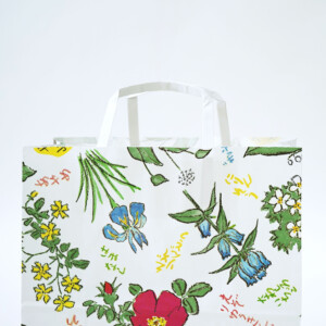 北海道の有名和菓子メーカーが手がけた、白色のクラフト紙にフルカラーで華麗な花柄をあしらった、紙平紐ハンドルのついたオリジナル紙袋