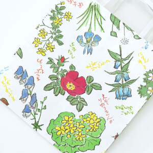 白色のクラフト紙にフルカラーで華麗な花柄をあしらった、北海道の有名和菓子メーカーの美しいオリジナル紙袋
