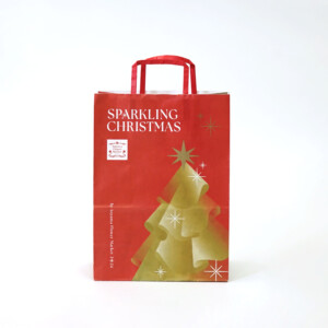 正面にゴールドのクリスマスツリーが大きく配置された、晒クラフト紙のホリデー限定オリジナル紙袋