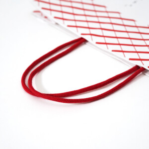 紙袋の縦留め仕様で、いちご色のパイレンロープが取り付けられたハンドル部分