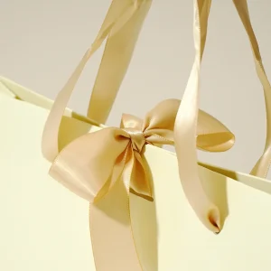 ハンドルと口折に施されたサテンリボンが美しい。鳥羽国際ホテル様のエレガントで「記念品」にふさわしいオリジナル紙袋